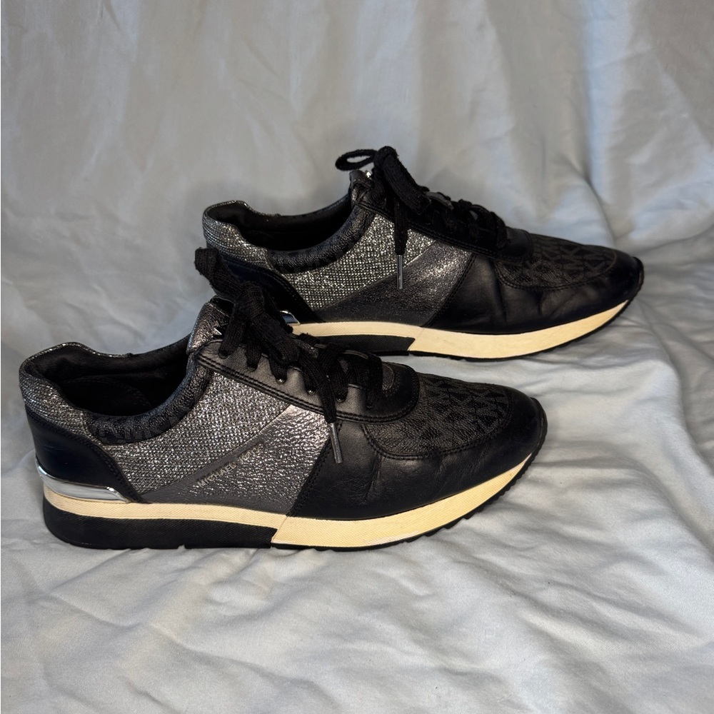Michael Kors Black & Silver Metallic Logo Sneakers – Women’s Size 10 - Picture 4 of 7